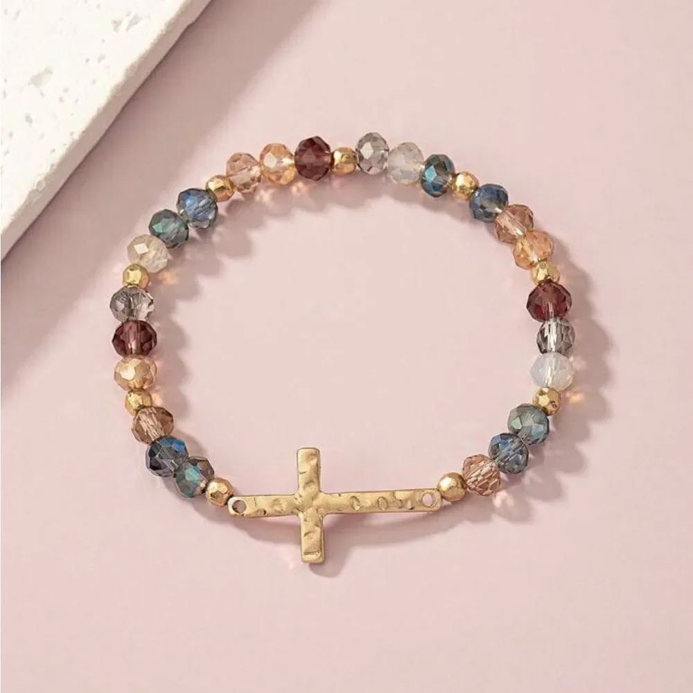 Elegant Multicolor Beaded Bracelet with Gold Cross A966